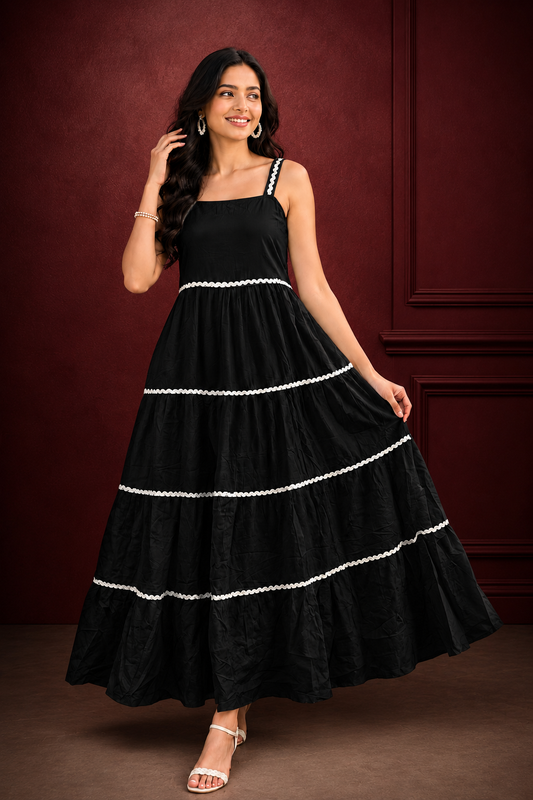 Elegant Black Tiered Maxi Dress with White Trim