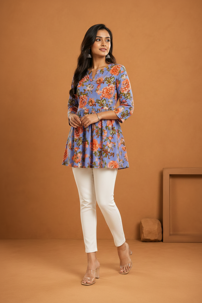Women's Lavender Floral Printed Short Kurti