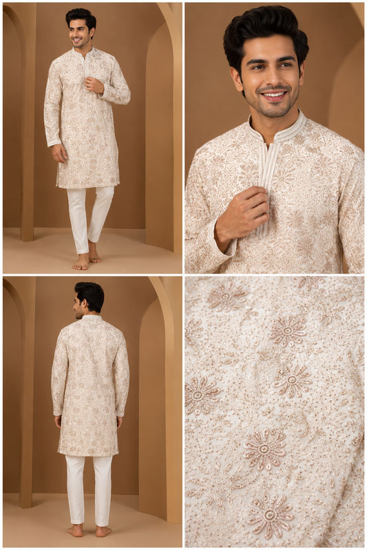 Ivory Floral Embroidered Kurta Pajama Set