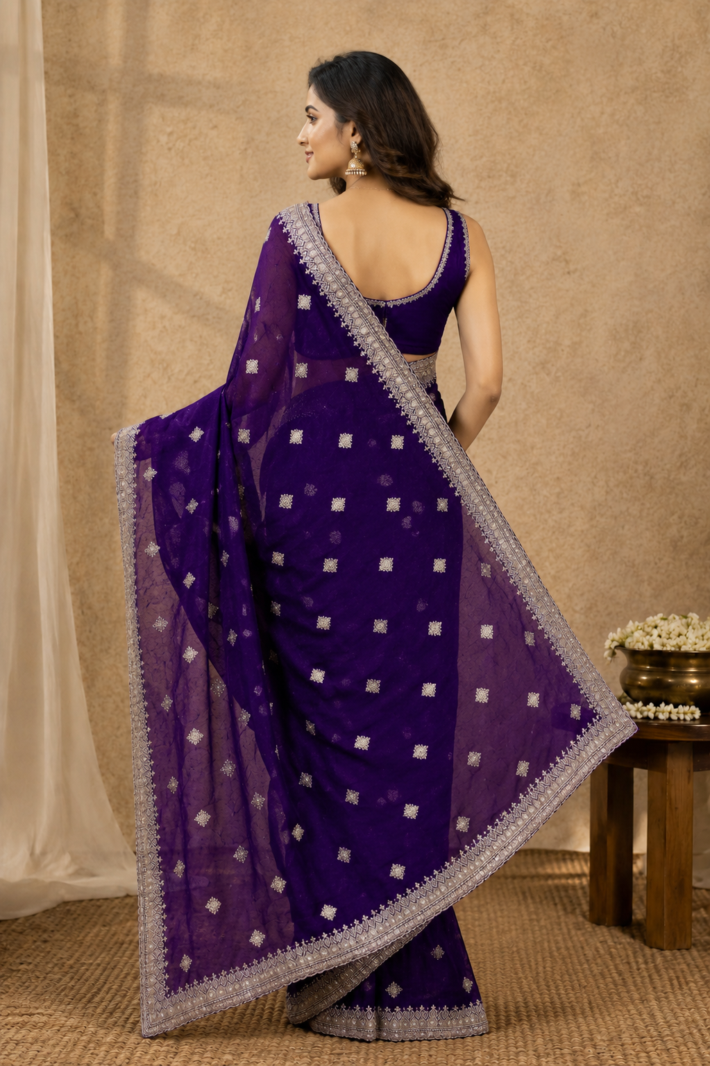 Royal Purple Organza Saree with Silver Zari Border | Elegant Party Wear Saree for Women