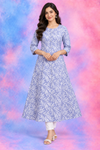 Elegant Sky Blue Leaf Print Long Kurti