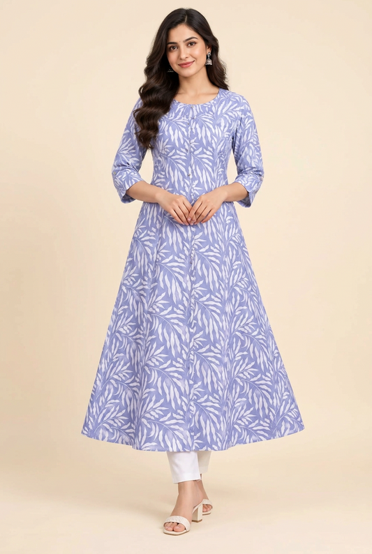 Elegant Sky Blue Leaf Print Long Kurti