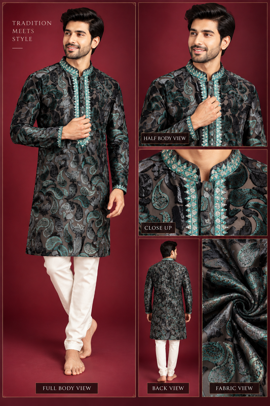 Regal Teal Paisley Embroidered Kurta Set