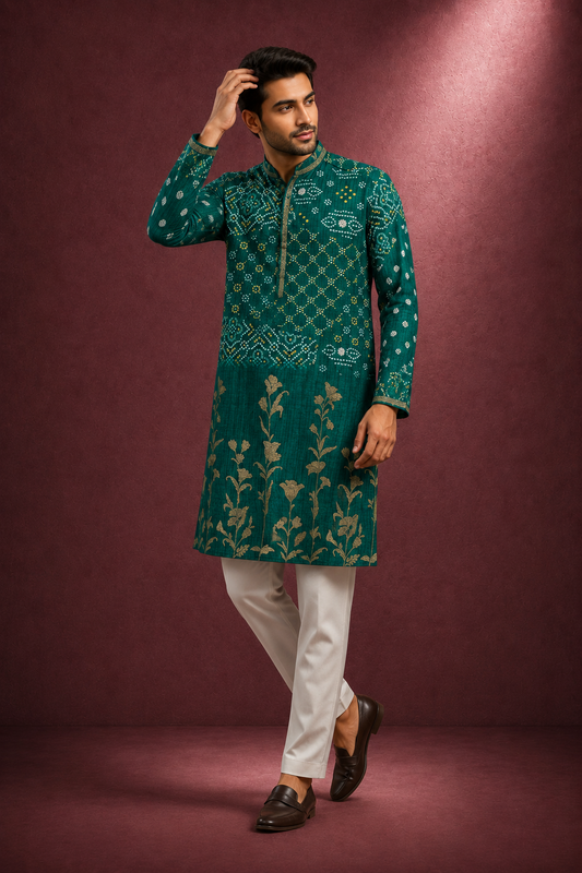 Teal Green Bandhani Printed & Floral Embroidered Kurta