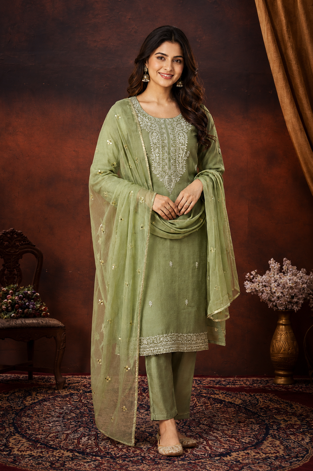 Sage Green Embroidered Festive Kurta Set