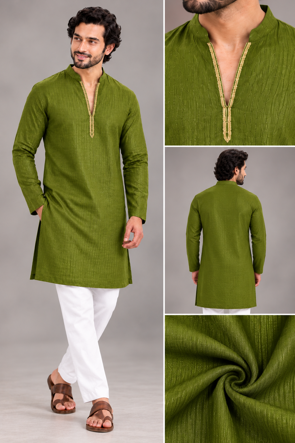 Men's Olive Green Textured Kurta