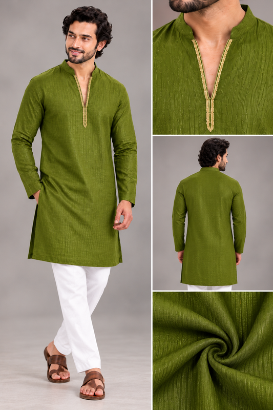 Men's Olive Green Textured Kurta