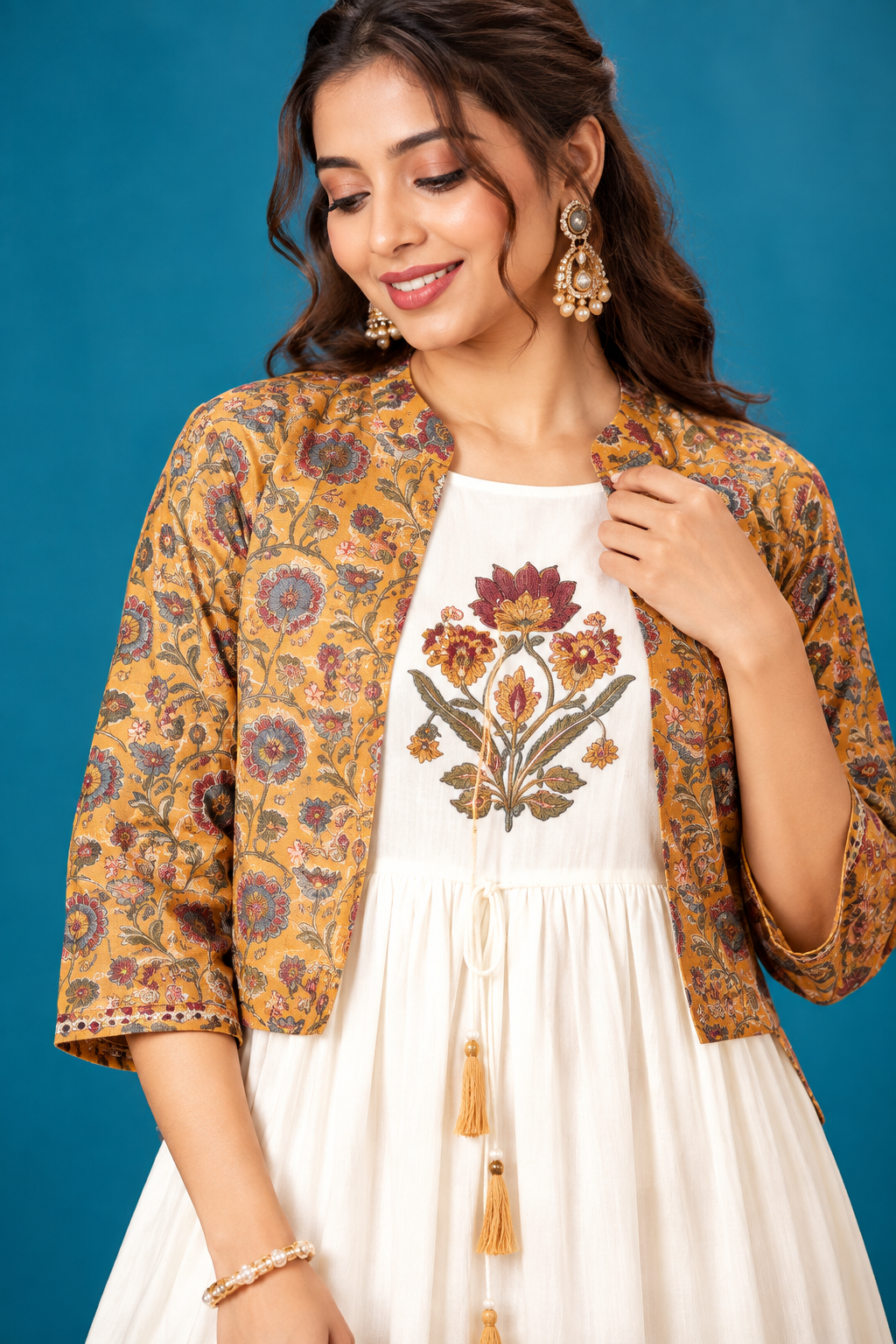 Elegant Ivory Floral Dress with Printed Jacket
