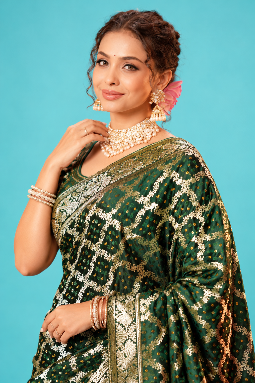 Royal Dark Emerald Green Designer Saree with Golden Woven Motifs & Rich Traditional Pallu