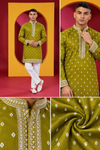 Men's Premium Olive Green Embroidered Kurta with White Pant Set