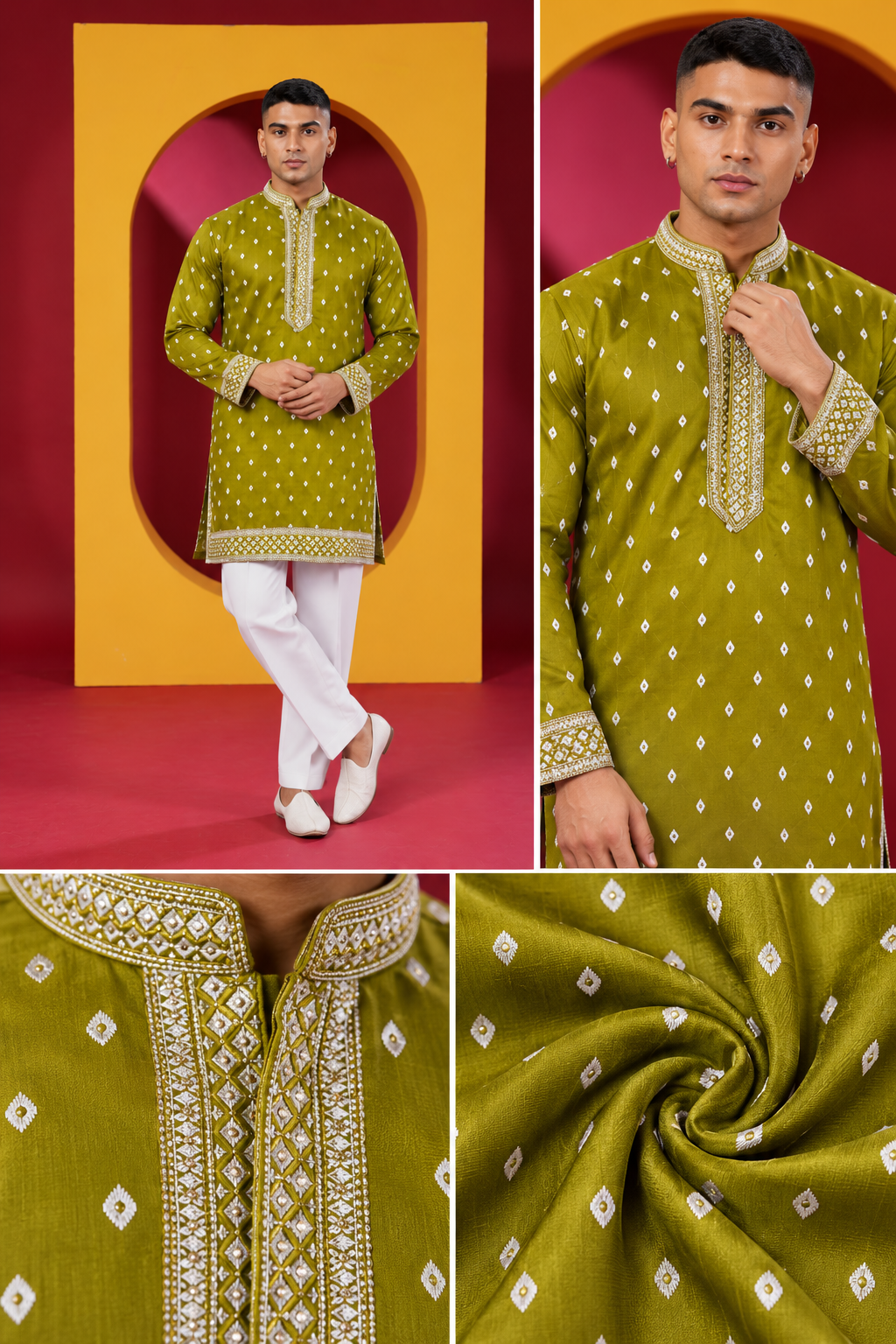 Men's Premium Olive Green Embroidered Kurta with White Pant Set