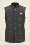 Charcoal Black Sequin Stripe Nehru Jacket