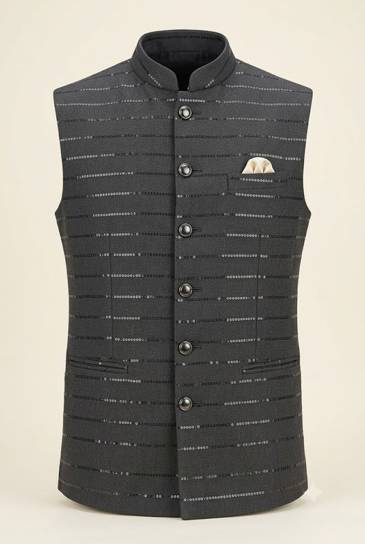 Charcoal Black Sequin Stripe Nehru Jacket