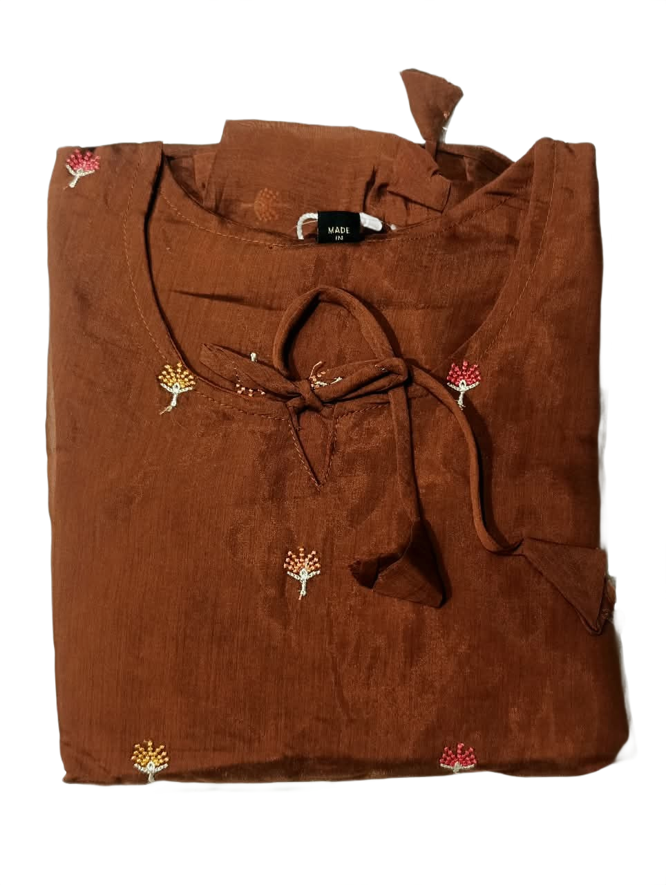 Rust Brown Embroidered Fit & Flare Midi Dress