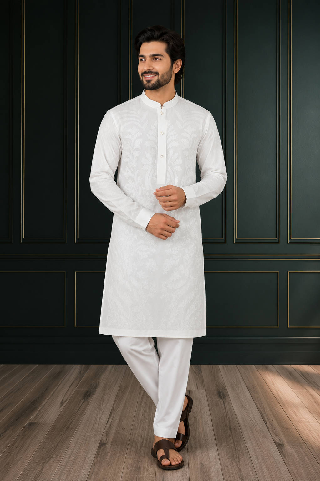 Elegant White Embroidered Kurta Pajama Set