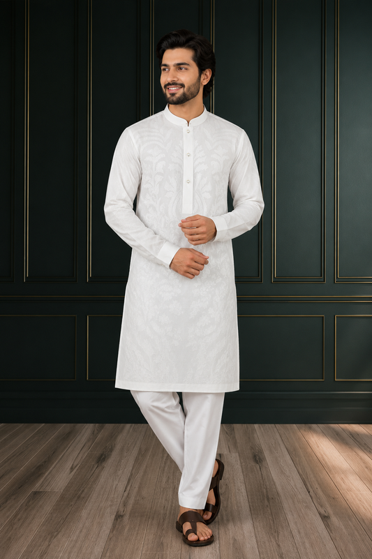 Elegant White Embroidered Kurta Pajama Set