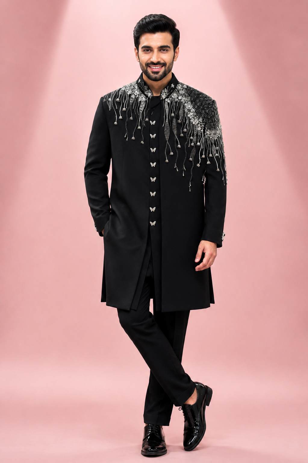 Black Embellished Designer Indo-Western Sherwani Set