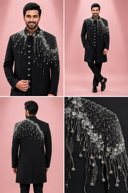 Black Embellished Designer Indo-Western Sherwani Set
