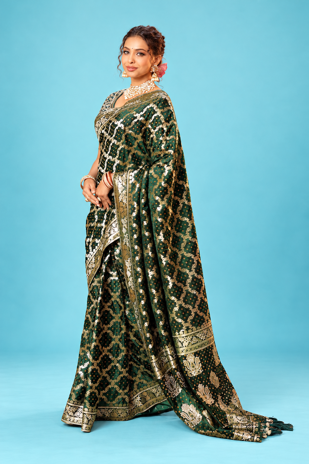 Royal Dark Emerald Green Designer Saree with Golden Woven Motifs & Rich Traditional Pallu
