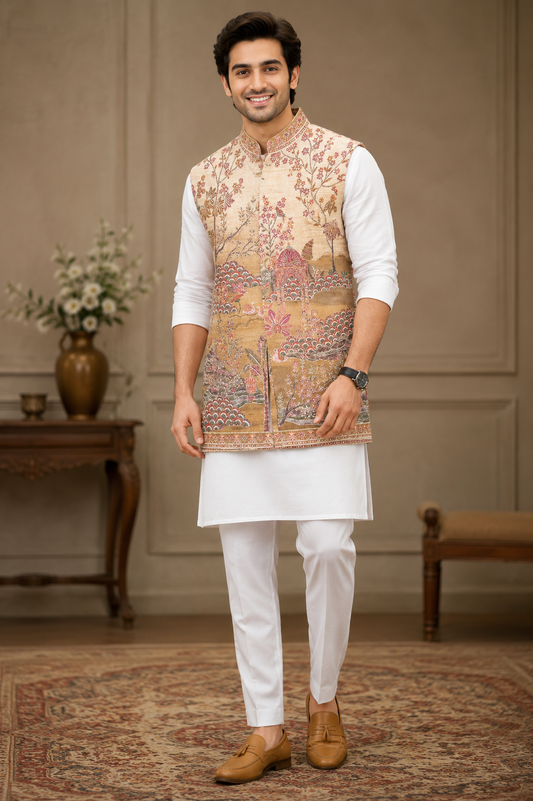 Beige Heritage Printed Nehru Jacket