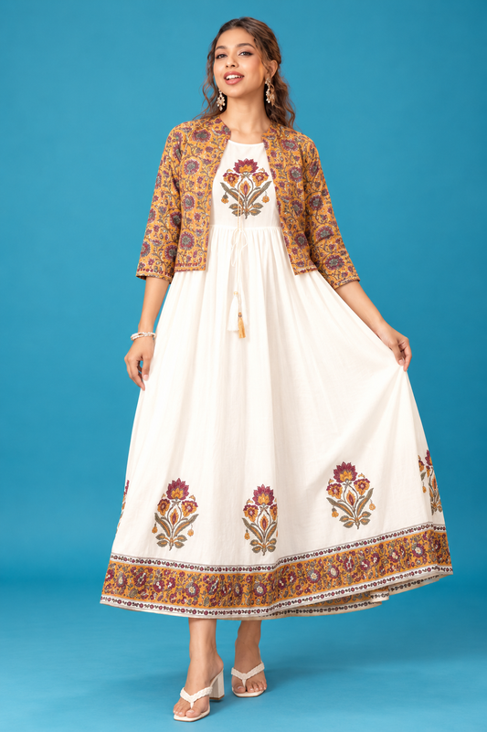 Elegant Ivory Floral Dress with Printed Jacket