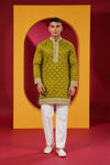 Men's Premium Olive Green Embroidered Kurta with White Pant Set