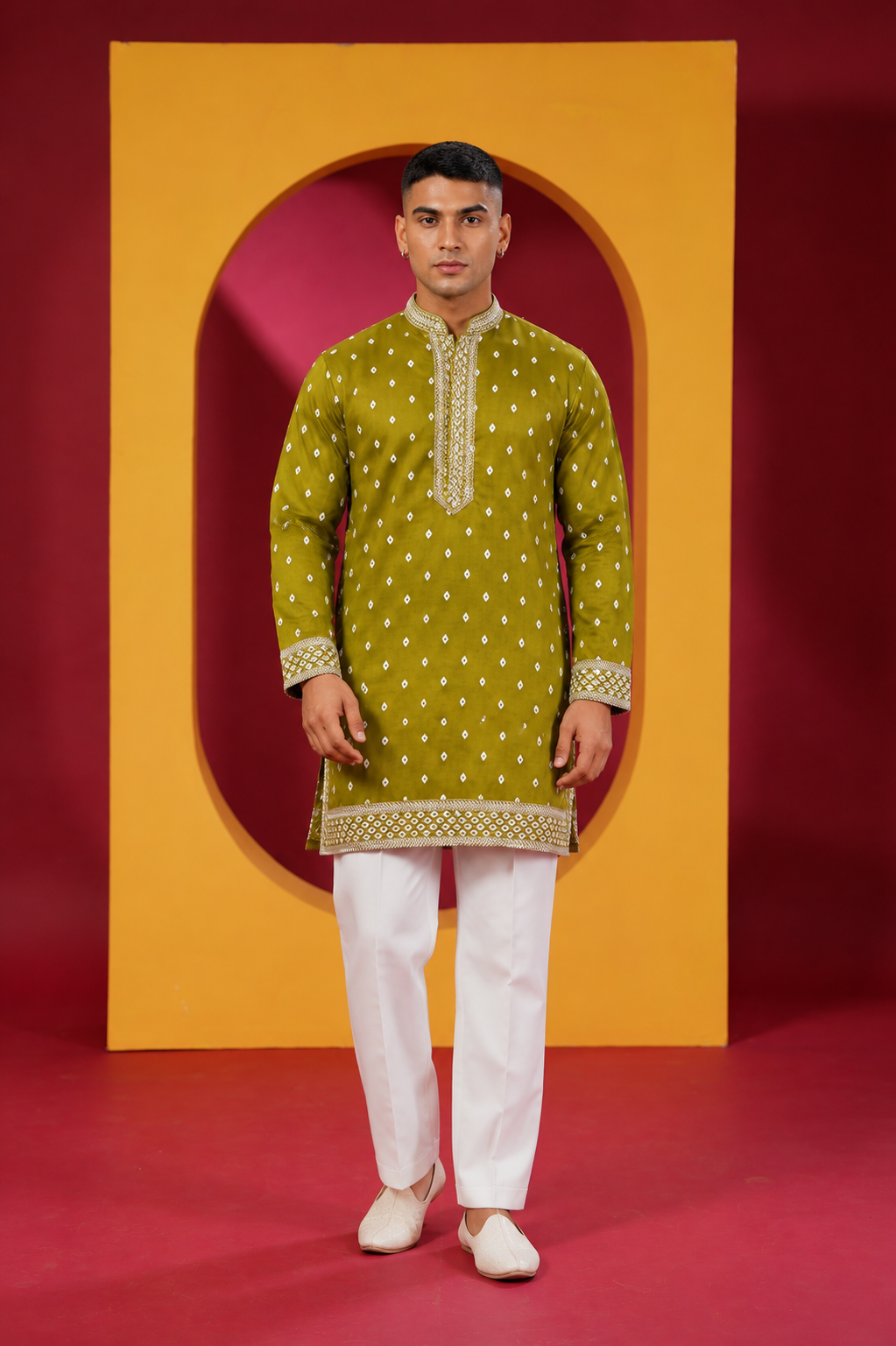 Men's Premium Olive Green Embroidered Kurta with White Pant Set