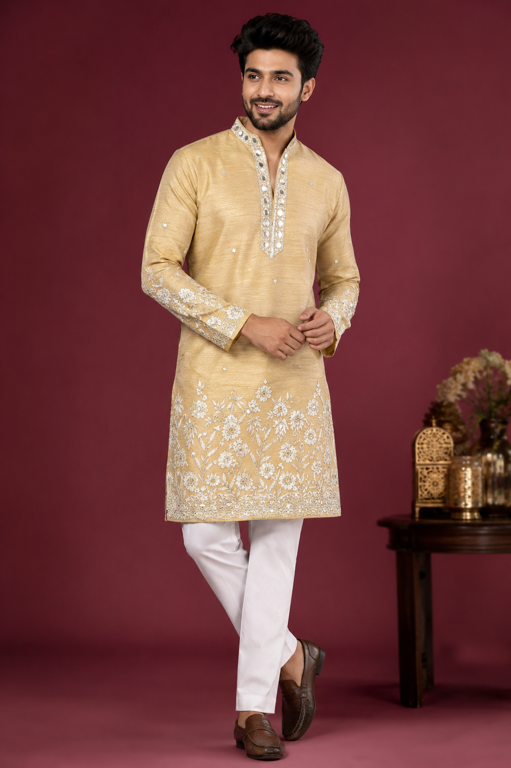 Golden Beige Embroidered Kurta Set for Men