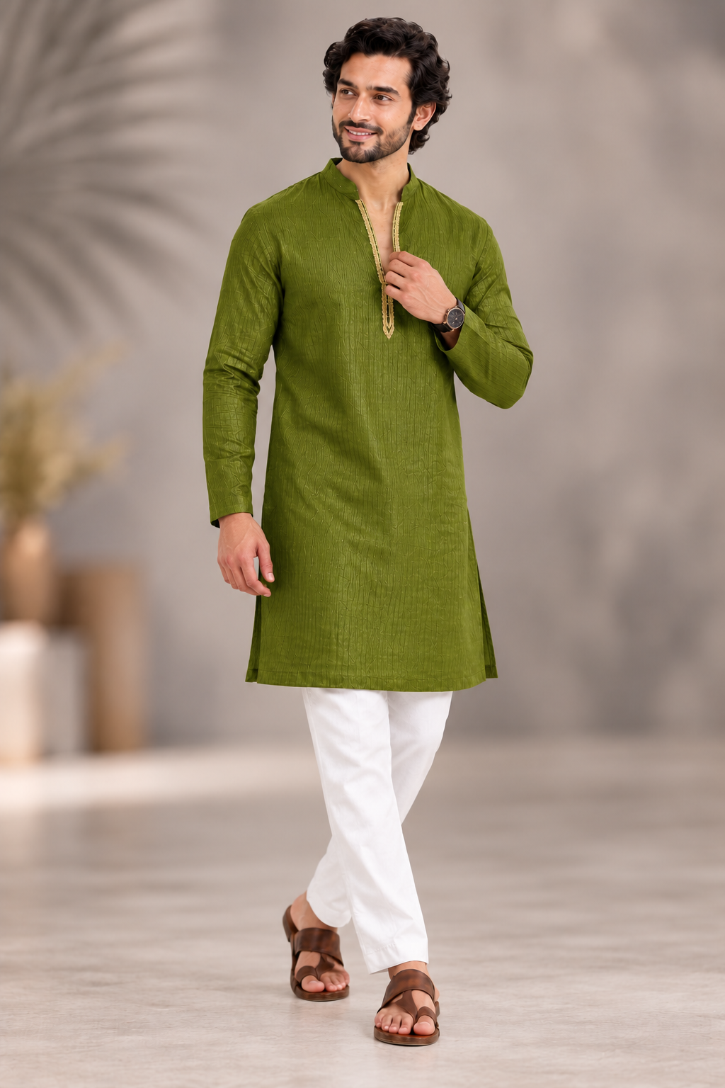 Men's Olive Green Textured Kurta