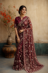Elegant Wine Embroidered Organza Saree with Intricate Floral Sequins Work