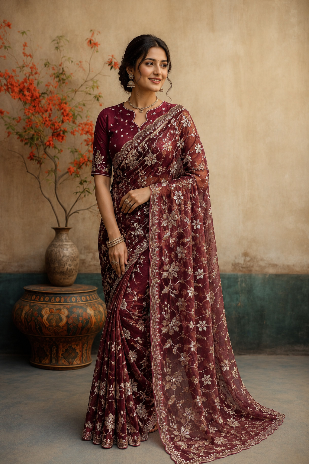 Elegant Wine Embroidered Organza Saree with Intricate Floral Sequins Work