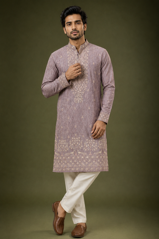 Dusty Lavender Embroidered Men’s Festive Kurta