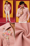 Men's Premium Pastel Pink Floral Embroidered Indo-Western Jacket with Ivory Trouser Set