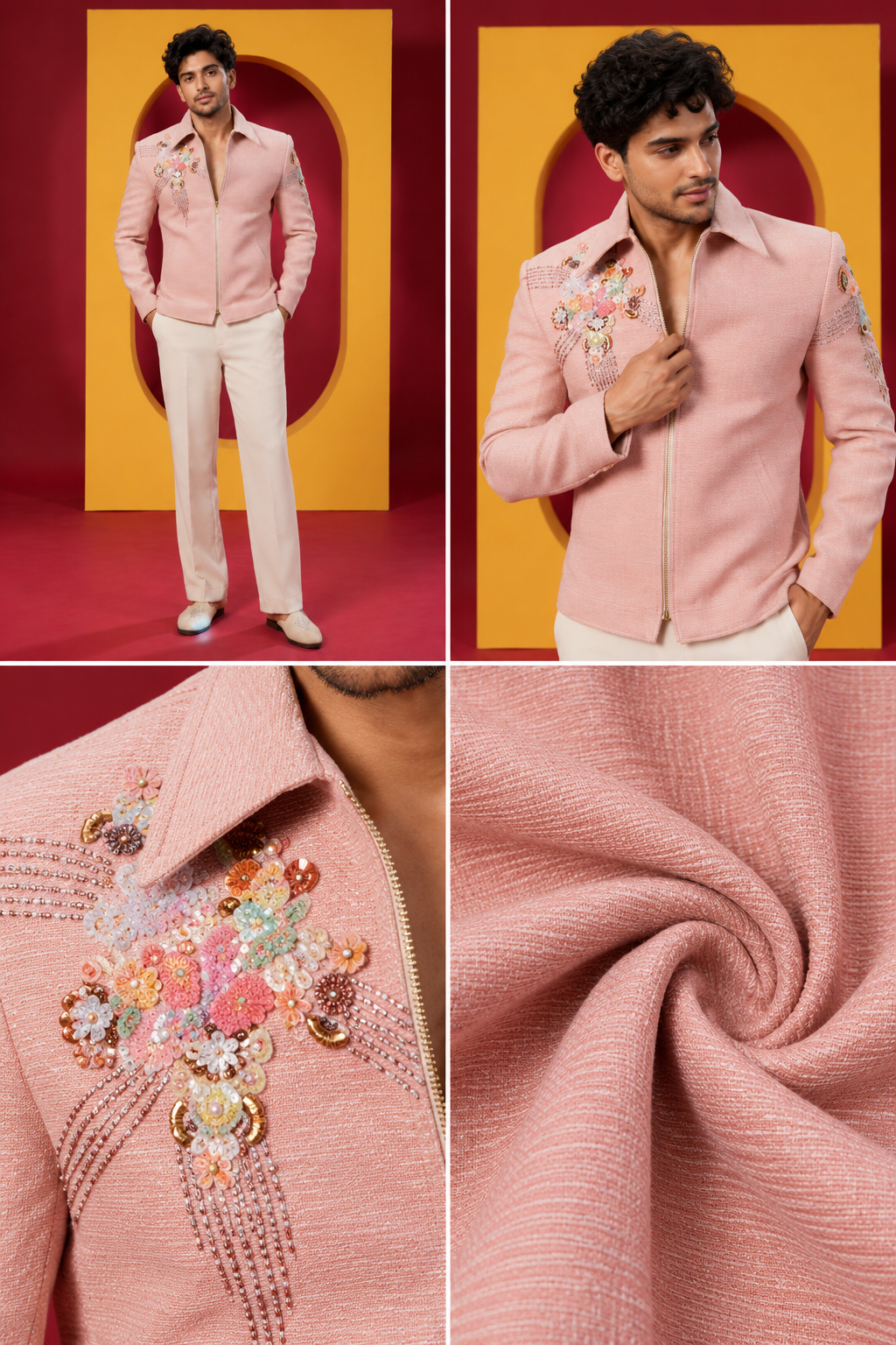 Men's Premium Pastel Pink Floral Embroidered Indo-Western Jacket with Ivory Trouser Set