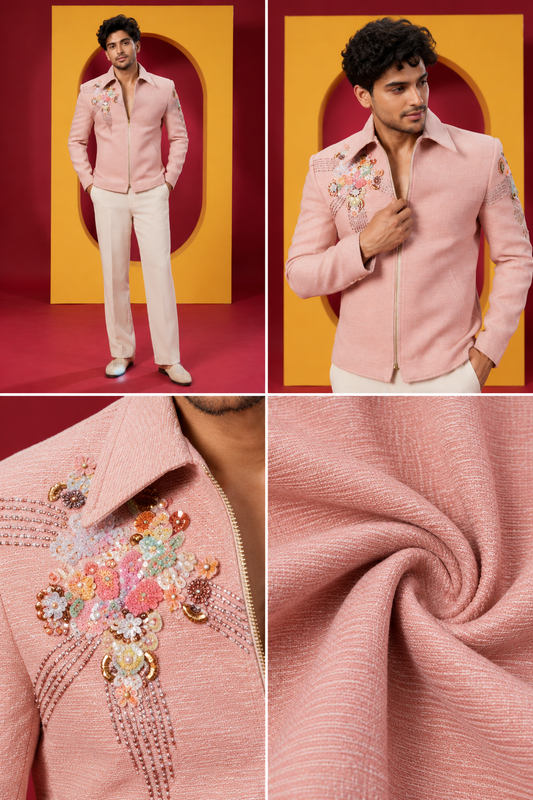 Men's Premium Pastel Pink Floral Embroidered Indo-Western Jacket with Ivory Trouser Set