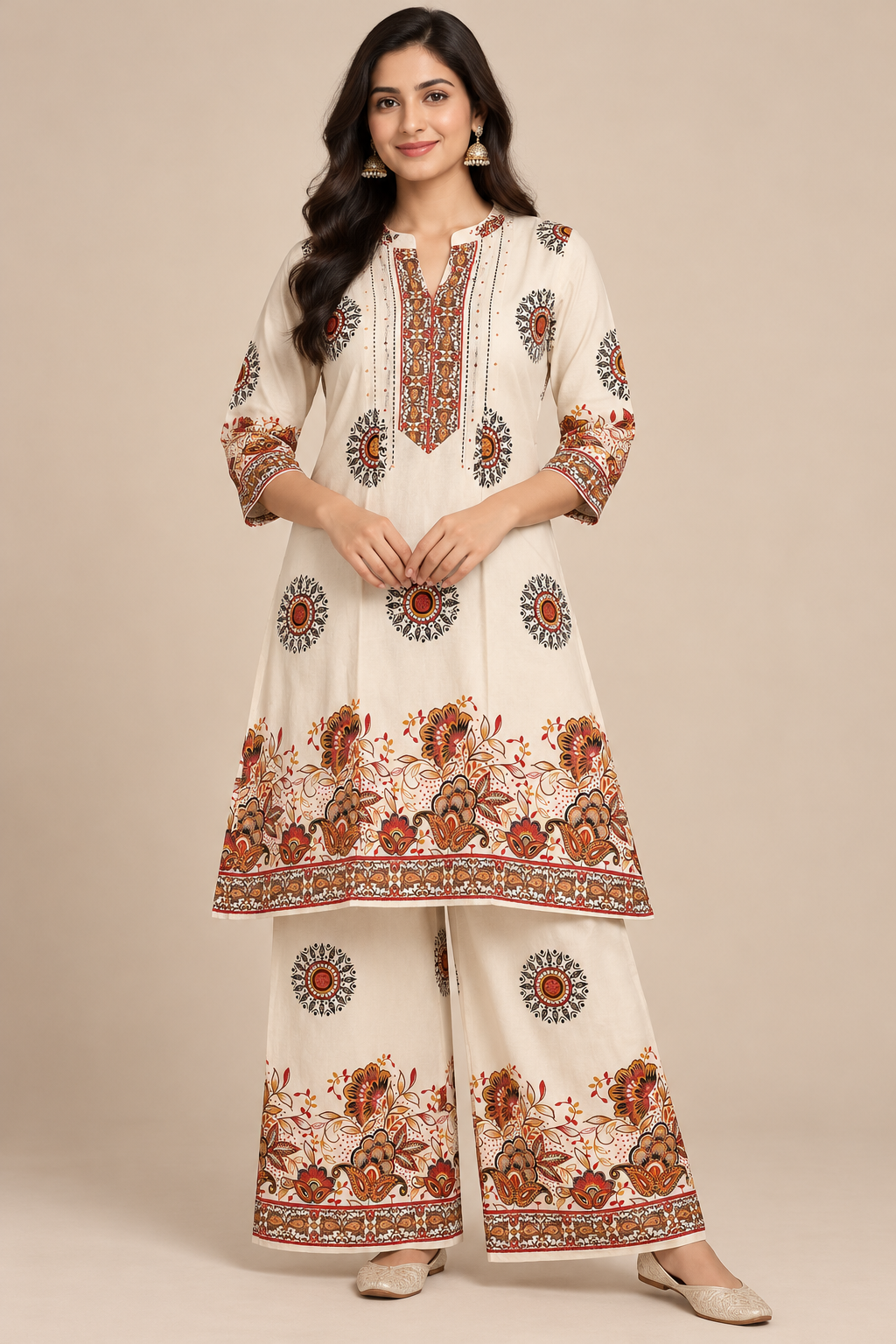 Elegant Cream Floral Printed Kurta Palazzo Set for Women