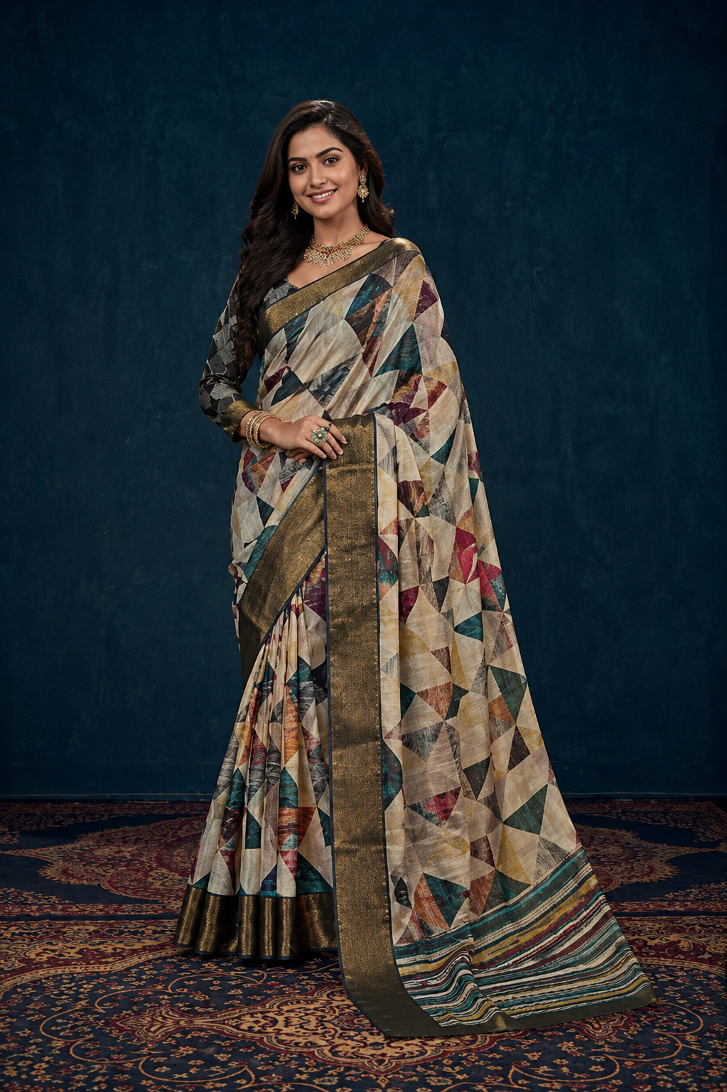 Elegant Multicolor Geometric Soft Silk Saree with Rich Zari Border