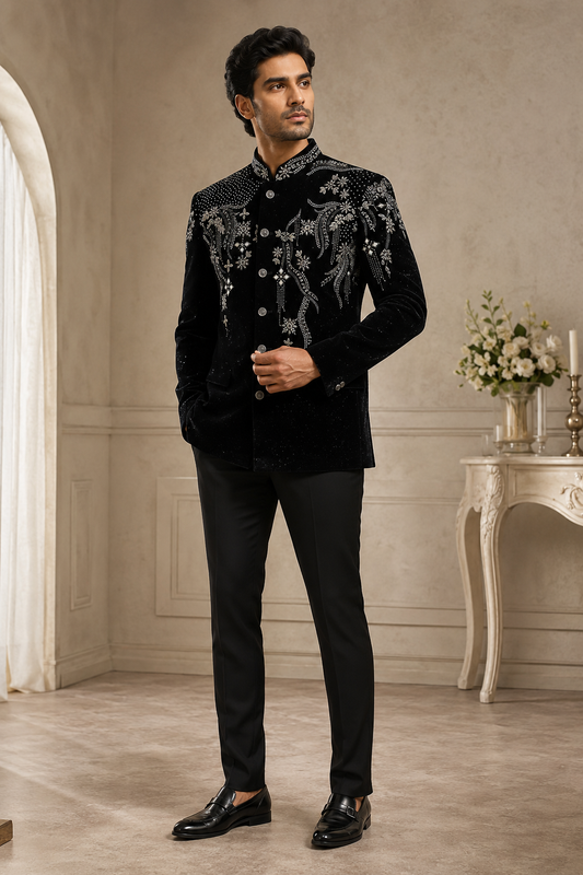 Black Velvet Embroidered Jodhpuri Suit