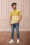Men's Striped Polo T-Shirt with Chest Pocket | Yellow, Olive & White