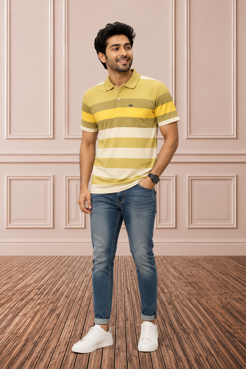 Men's Striped Polo T-Shirt with Chest Pocket | Yellow, Olive & White