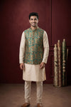 Men’s Teal Green Brocade Nehru Jacket
