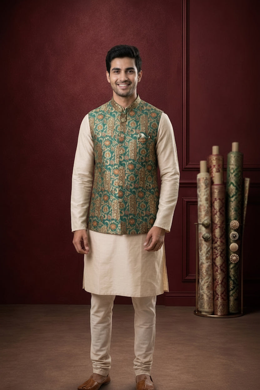 Men’s Teal Green Brocade Nehru Jacket