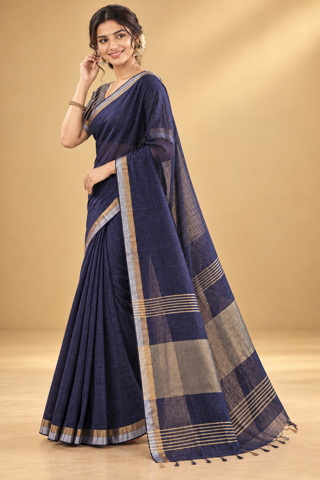 Elegant Navy Blue Saree with Metallic Border