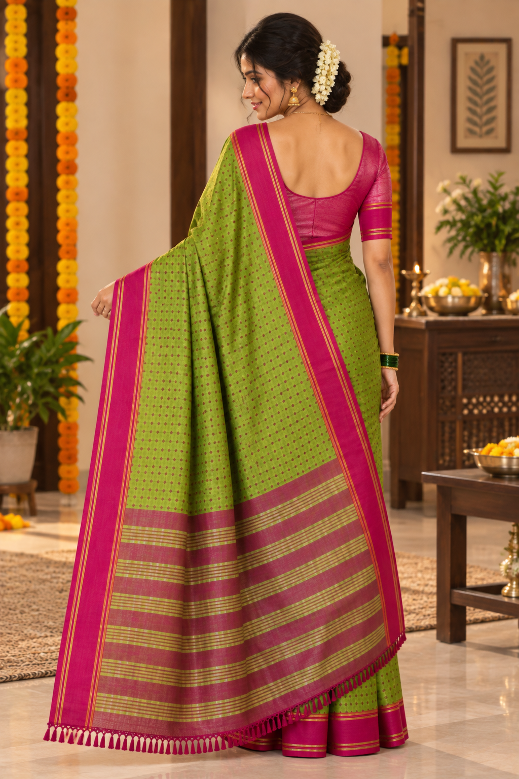 Green Saree with Rani Pink Border & Striped Pallu