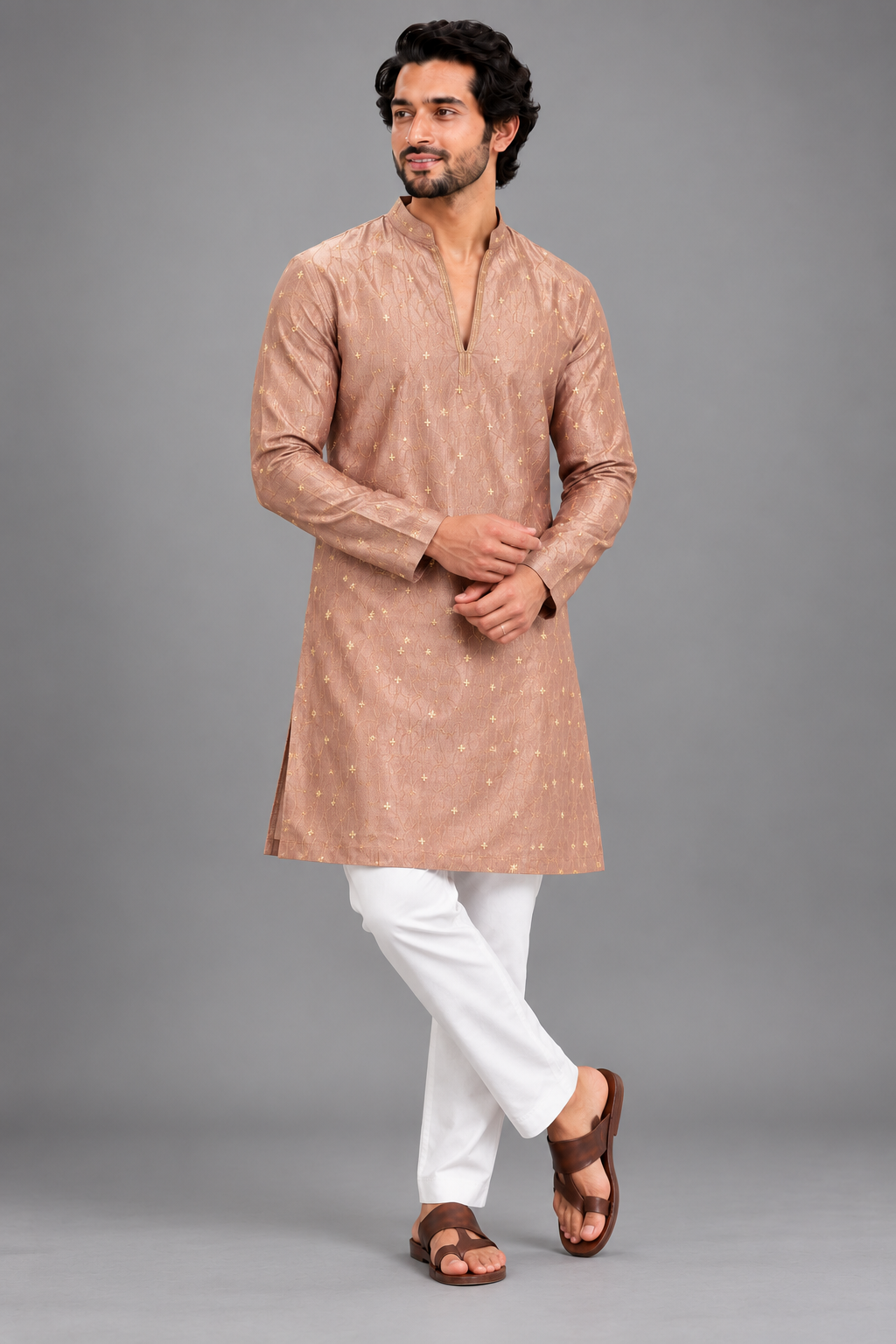 Men's Dusty Rose Pink Embroidered Festive Kurta