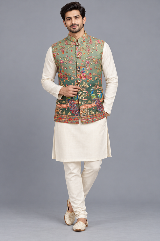 Premium Peacock Floral Printed Modi Jacket