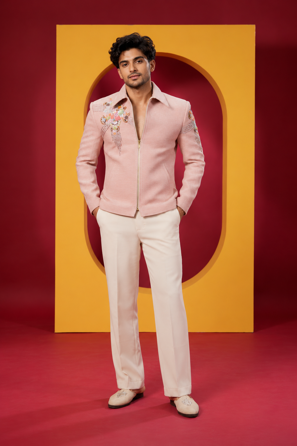 Men's Premium Pastel Pink Floral Embroidered Indo-Western Jacket with Ivory Trouser Set