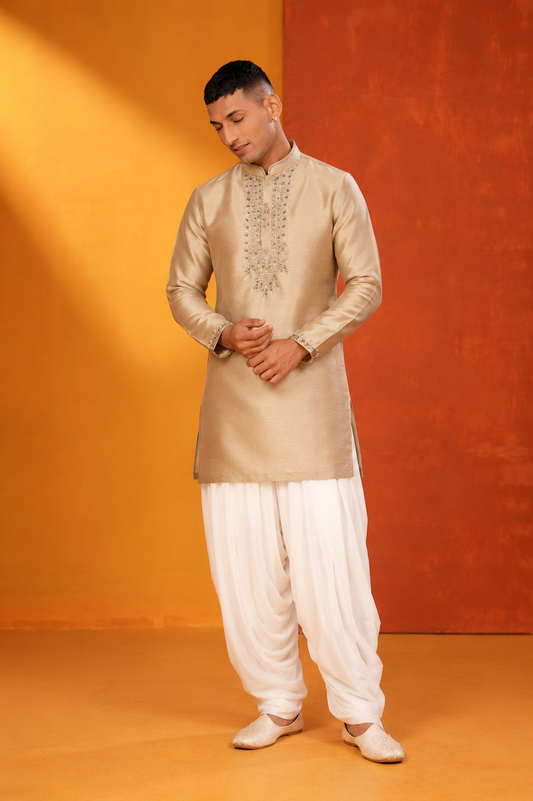 Golden Beige Embroidered Kurta Set