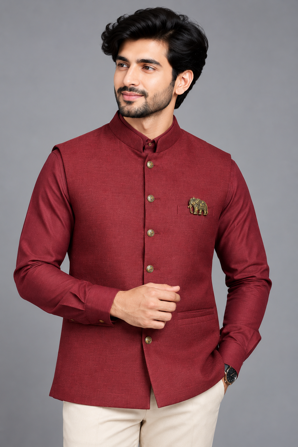 Men's Premium Maroon Nehru Jacket with Matching Shirt