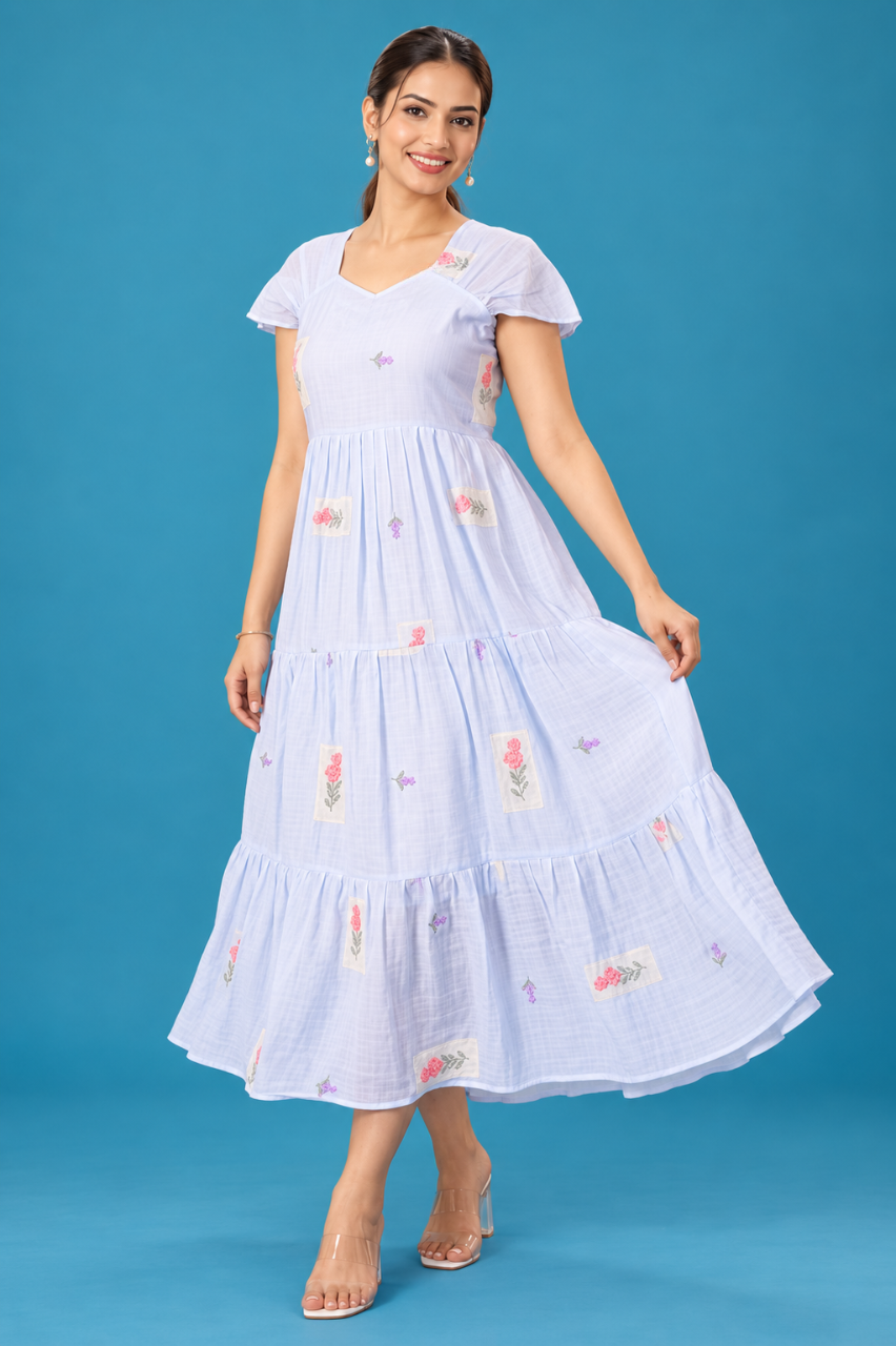 Pastel Blue Floral Tiered Dress
